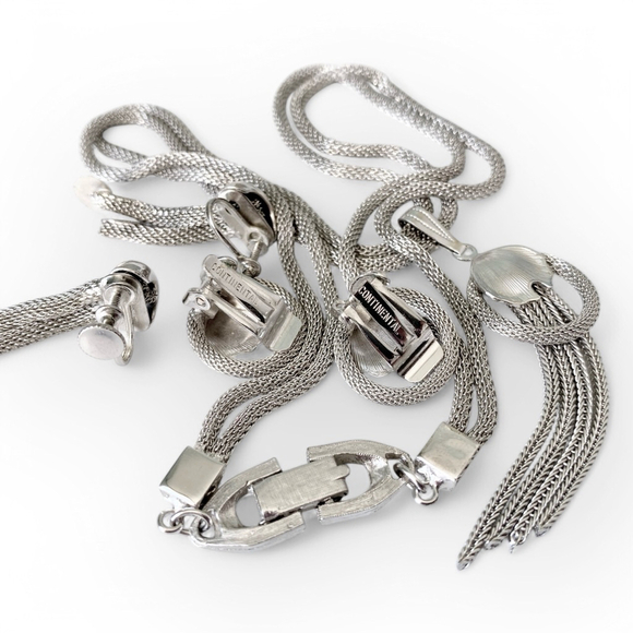 Vintage Continental Silver-tone Mesh Jewelry Set Necklace Earrings Pairs Lot - Picture 9 of 9